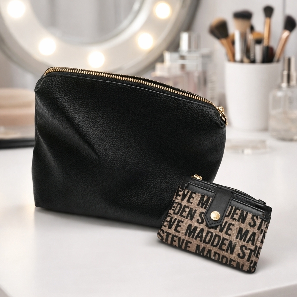 Black Leather Pouch and Logo Card Holder brand Steve Madden